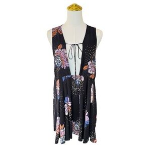 Free People Lovely Day Tunic Mini Dress XS Black Floral Tie Front Boho *FLAW